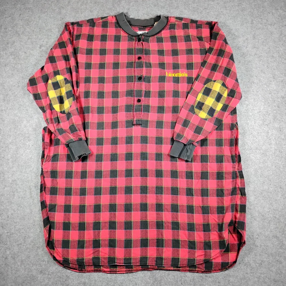 Vintage Bloomies Red Plaid Henley Nightshirt Long Sleeve Elbow Patches Large
